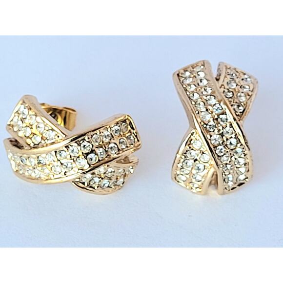 Roman Crossover X Faux Diamond Earrings Signed Vintage Gold Tone Pierced - Picture 5 of 7